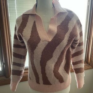 Nine West Pink and Brown V-Neck Sweater